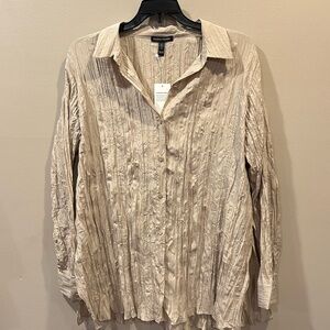 Eileen Fisher Crinkle Silk Classic Collar Long Sleeve Button Down Shirt